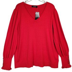 Lauren Ralph Lauren Black Label Sweater Women's 2X Red V Neck Gold Button Cuff